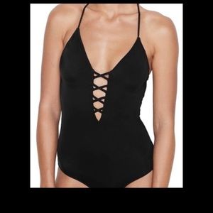 Victorias Secret lace up plunge one piece Black Size SP. Worn one time, like new
